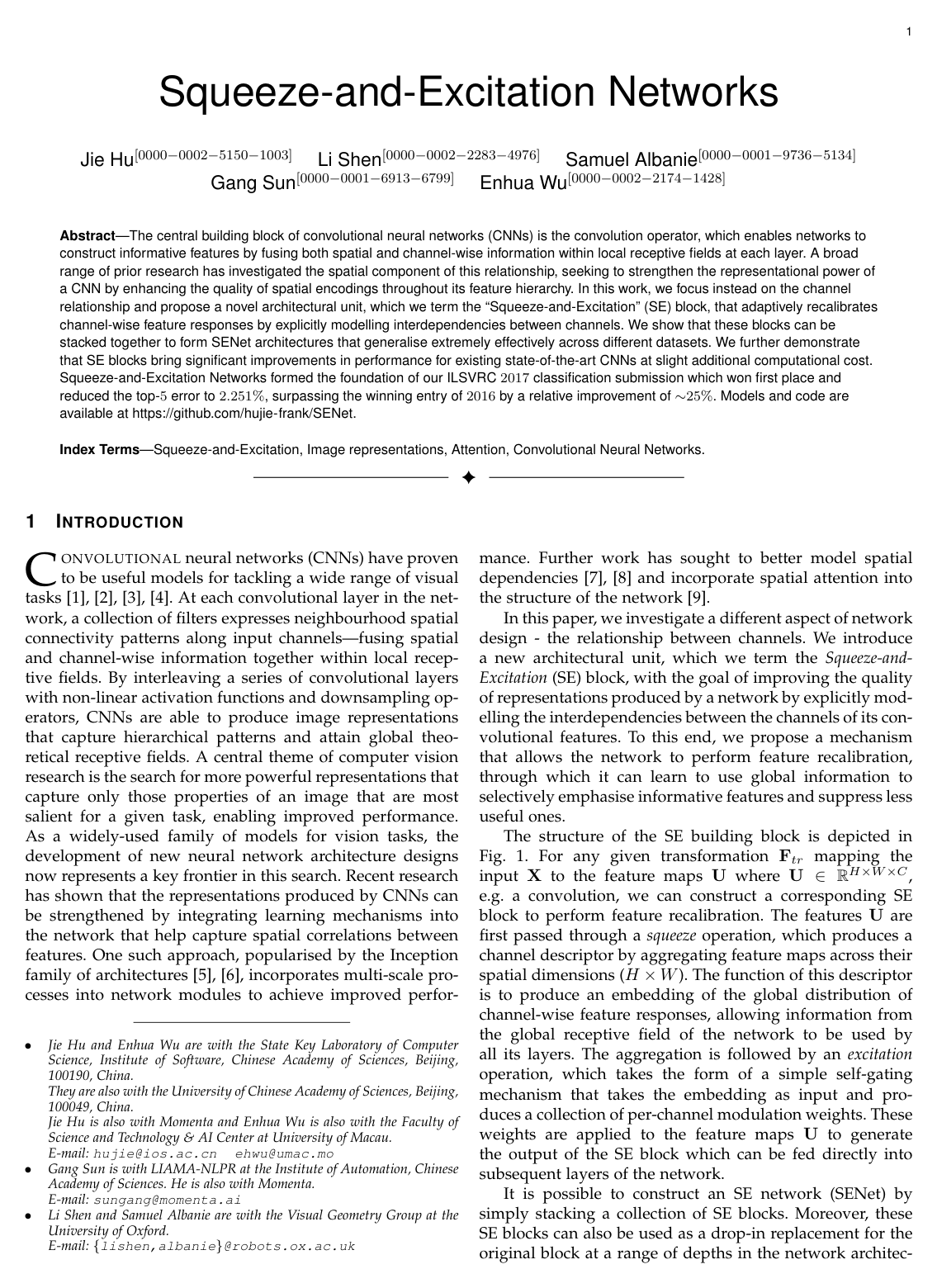 Squeeze-and-Excitation Networks