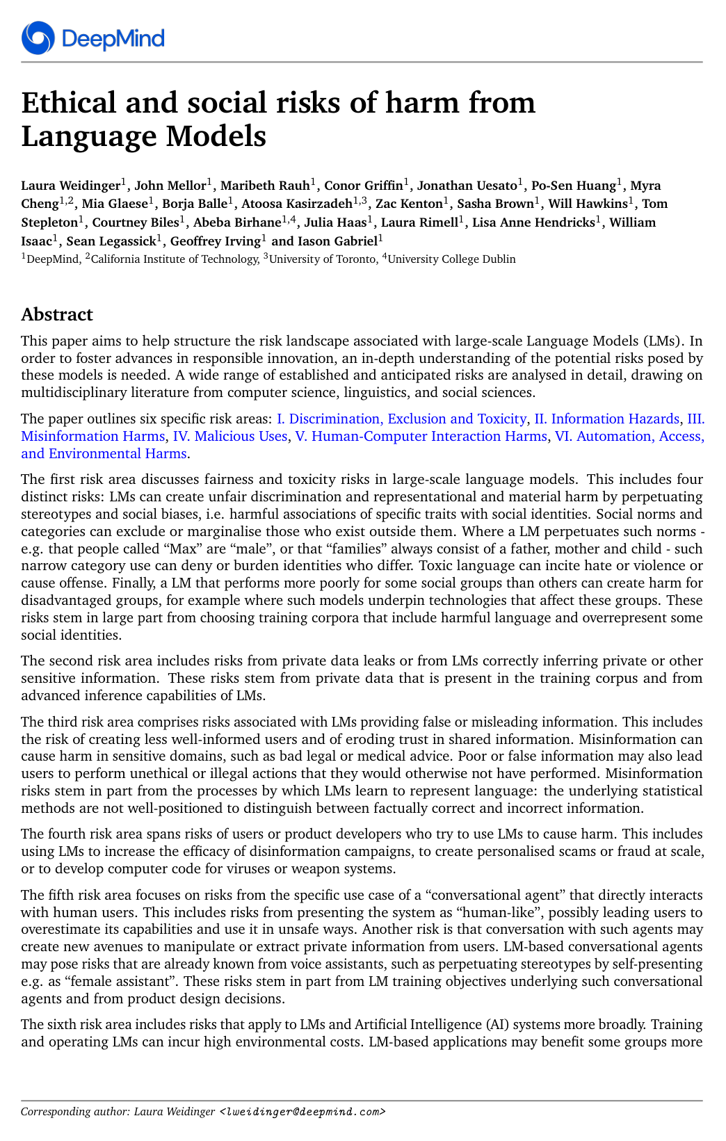 Ethical and social risks of harm from Language Models