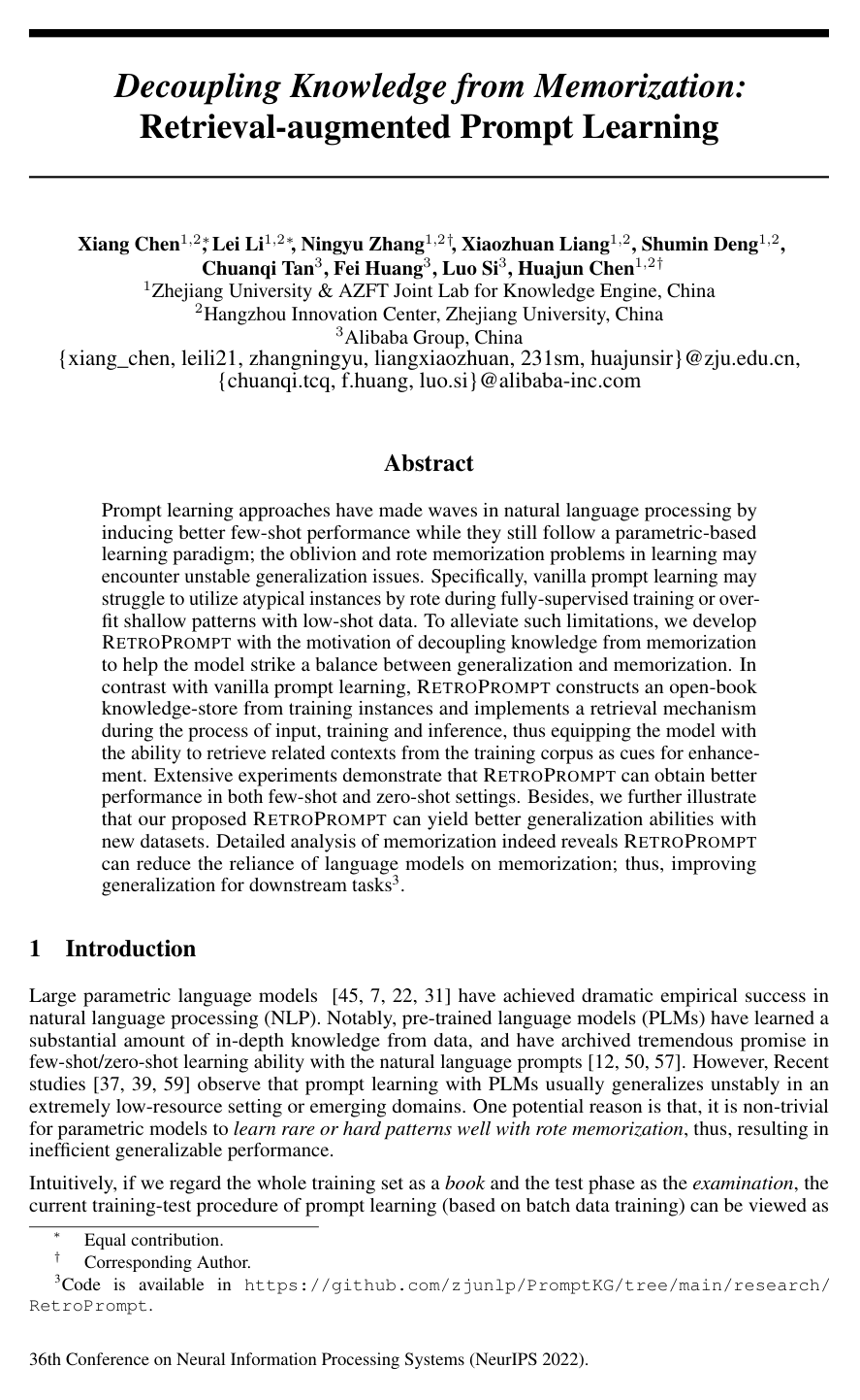 Cover for Decoupling Knowledge from Memorization: Retrieval-augmented Prompt Learning