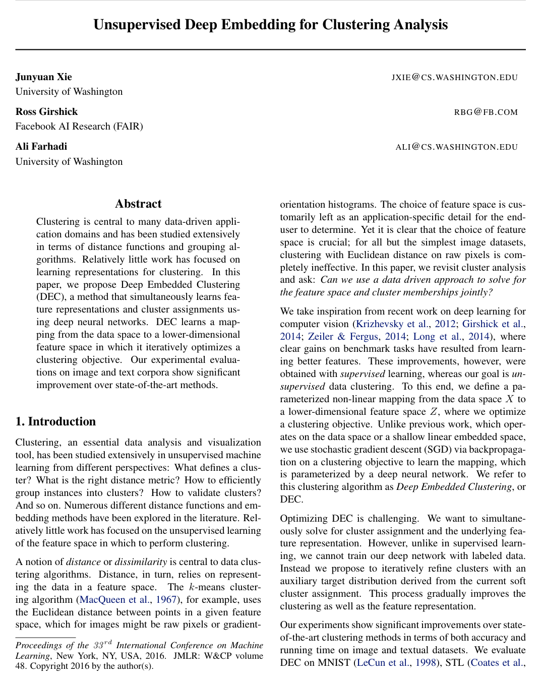 Unsupervised Deep Embedding for Clustering Analysis