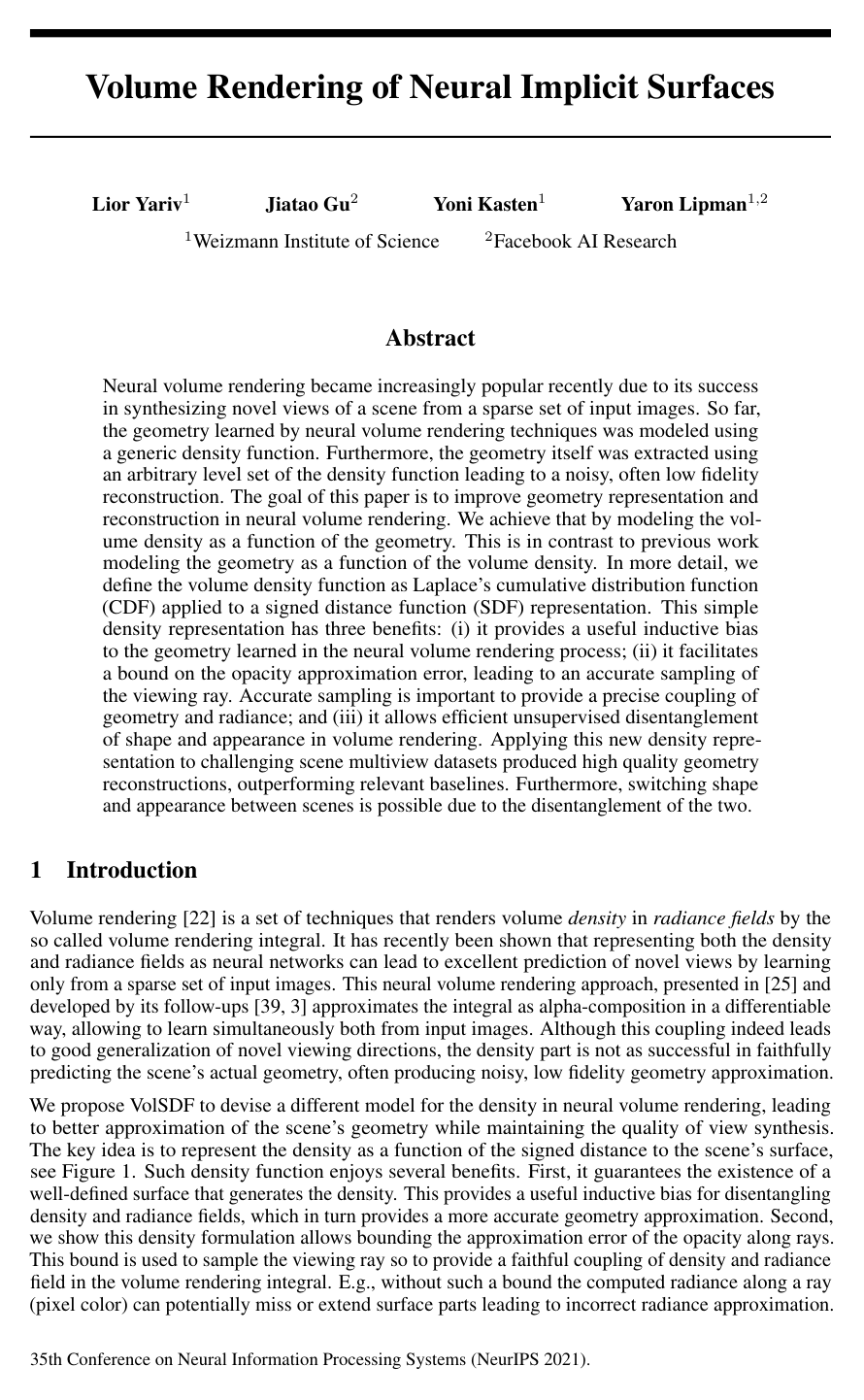 Cover for Volume Rendering of Neural Implicit Surfaces