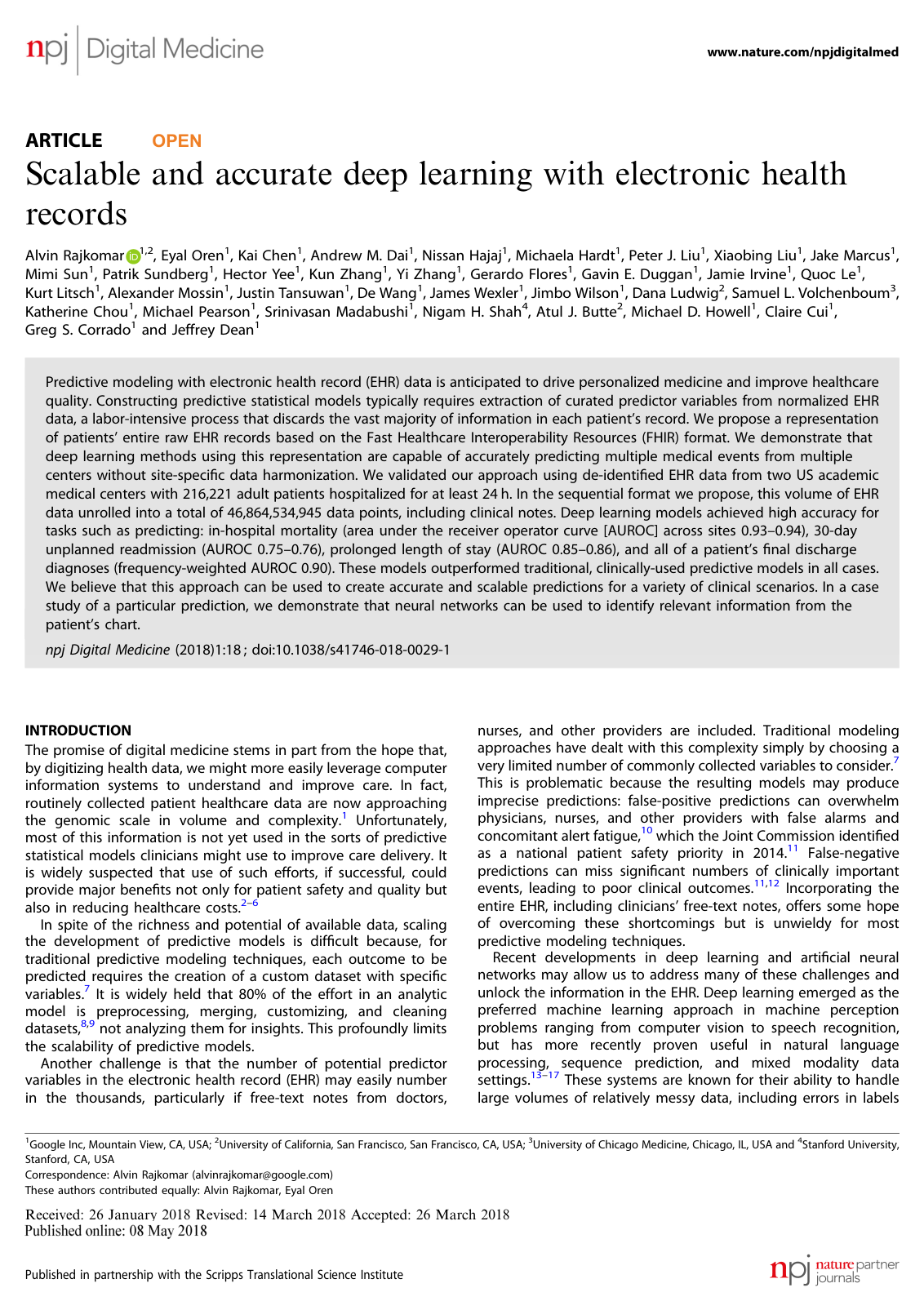 Cover for Scalable and accurate deep learning with electronic health records