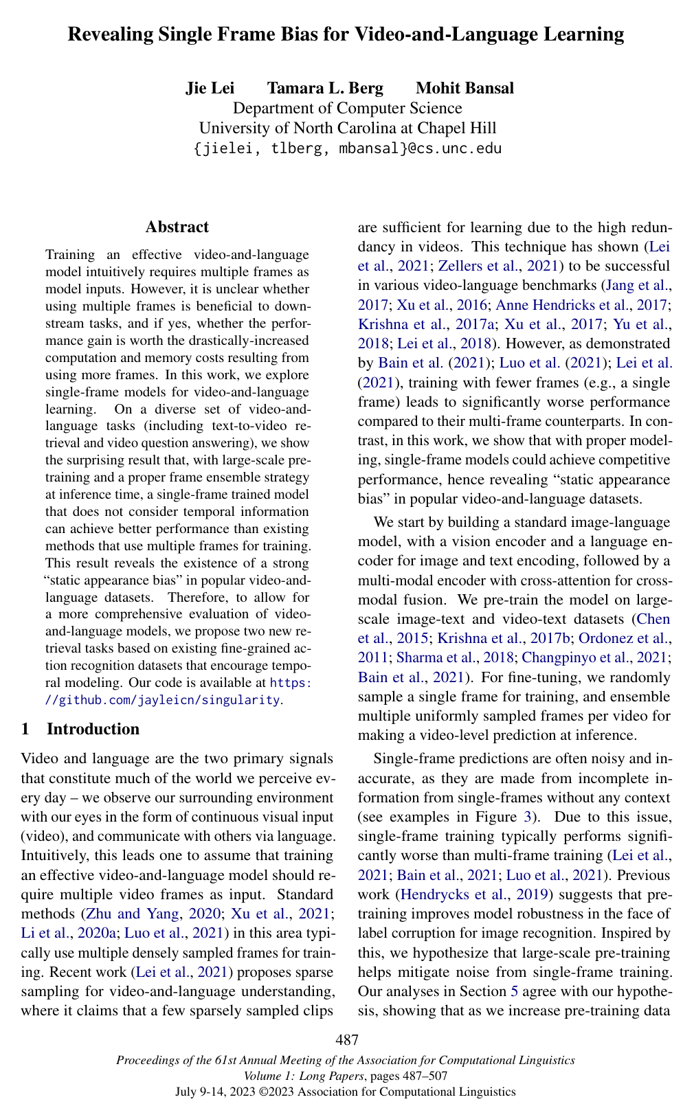 Revealing Single Frame Bias for Video-and-Language Learning