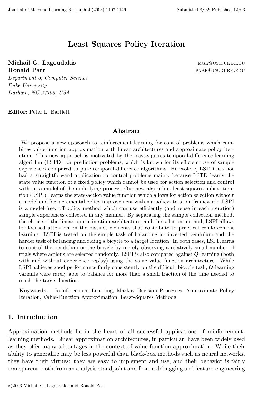 Cover for Least-Squares Policy Iteration