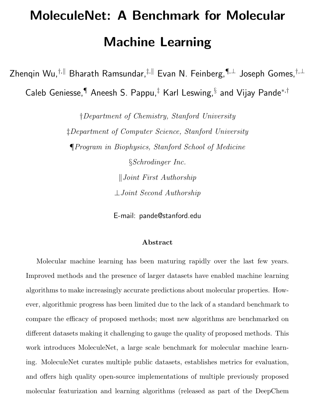 Cover for MoleculeNet: a benchmark for molecular machine learning