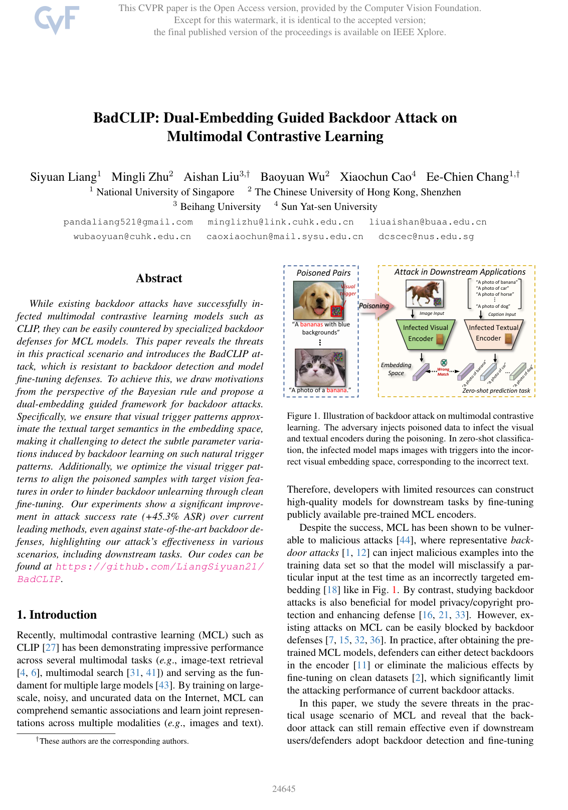 BadCLIP: Dual-Embedding Guided Backdoor Attack on Multimodal Contrastive Learning