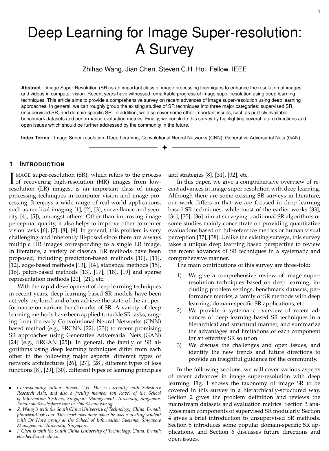 Cover for Deep Learning for Image Super-Resolution: A Survey