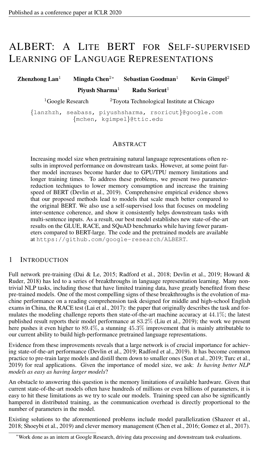 ALBERT: A Lite BERT for Self-supervised Learning of Language Representations