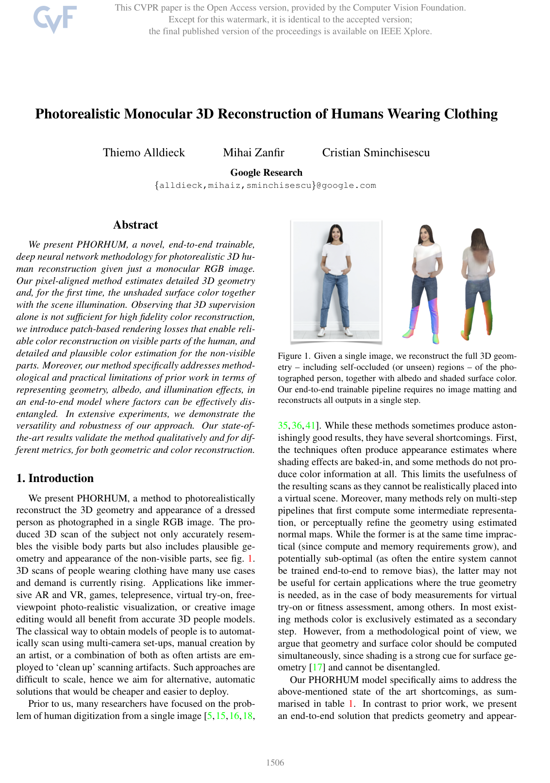 Photorealistic Monocular 3D Reconstruction of Humans Wearing Clothing