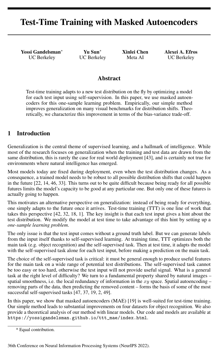 Test-Time Training with Masked Autoencoders