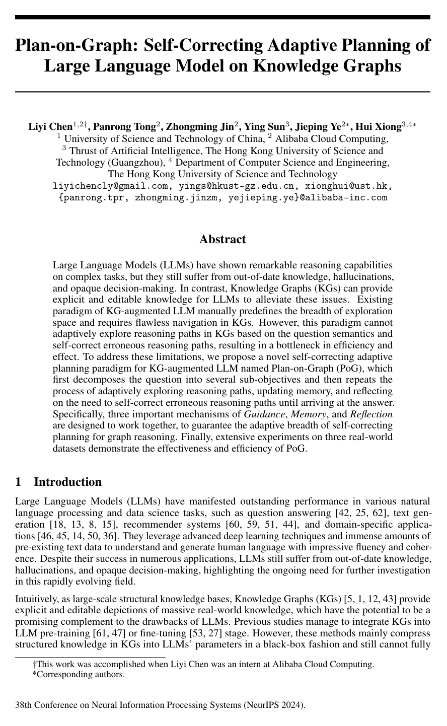 Cover for Plan-on-Graph: Self-Correcting Adaptive Planning of Large Language Model on Knowledge Graphs