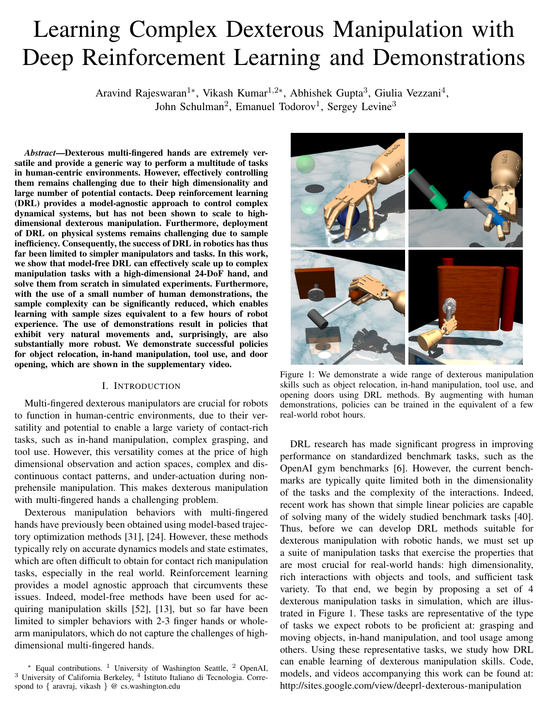 Learning Complex Dexterous Manipulation with Deep Reinforcement Learning and Demonstrations