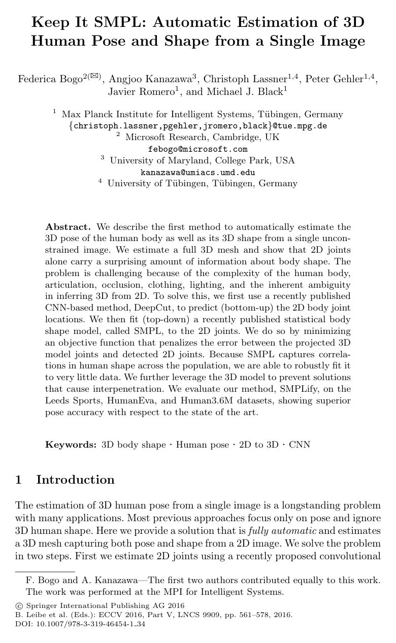 Cover for Keep It SMPL: Automatic Estimation of 3D Human Pose and Shape from a Single Image