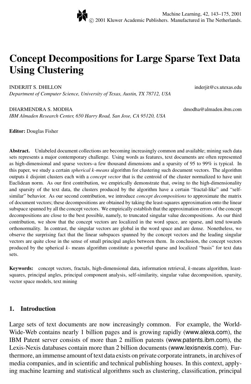 Concept Decompositions for Large Sparse Text Data Using Clustering