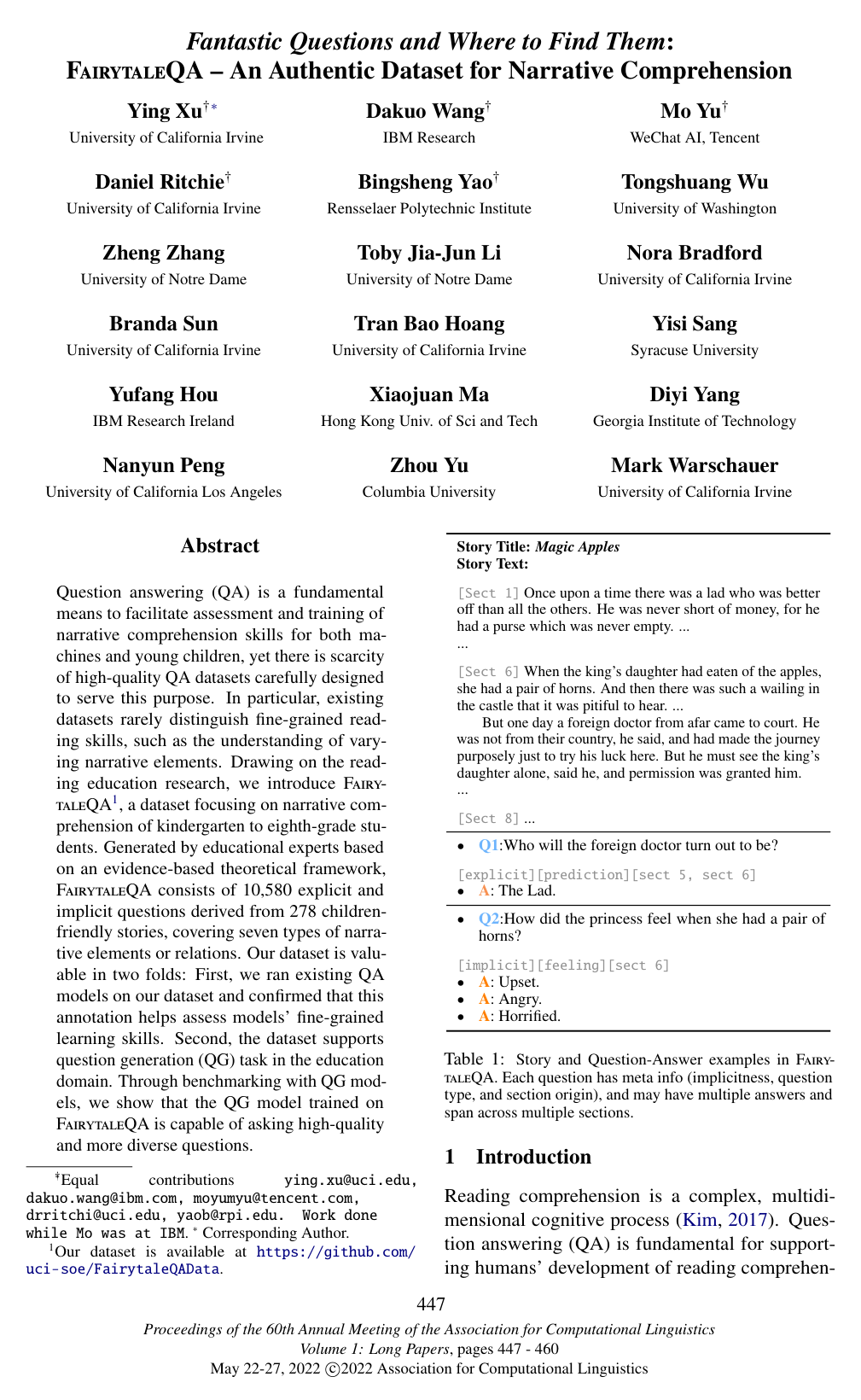 Fantastic Questions and Where to Find Them: FairytaleQA - An Authentic Dataset for Narrative Comprehension