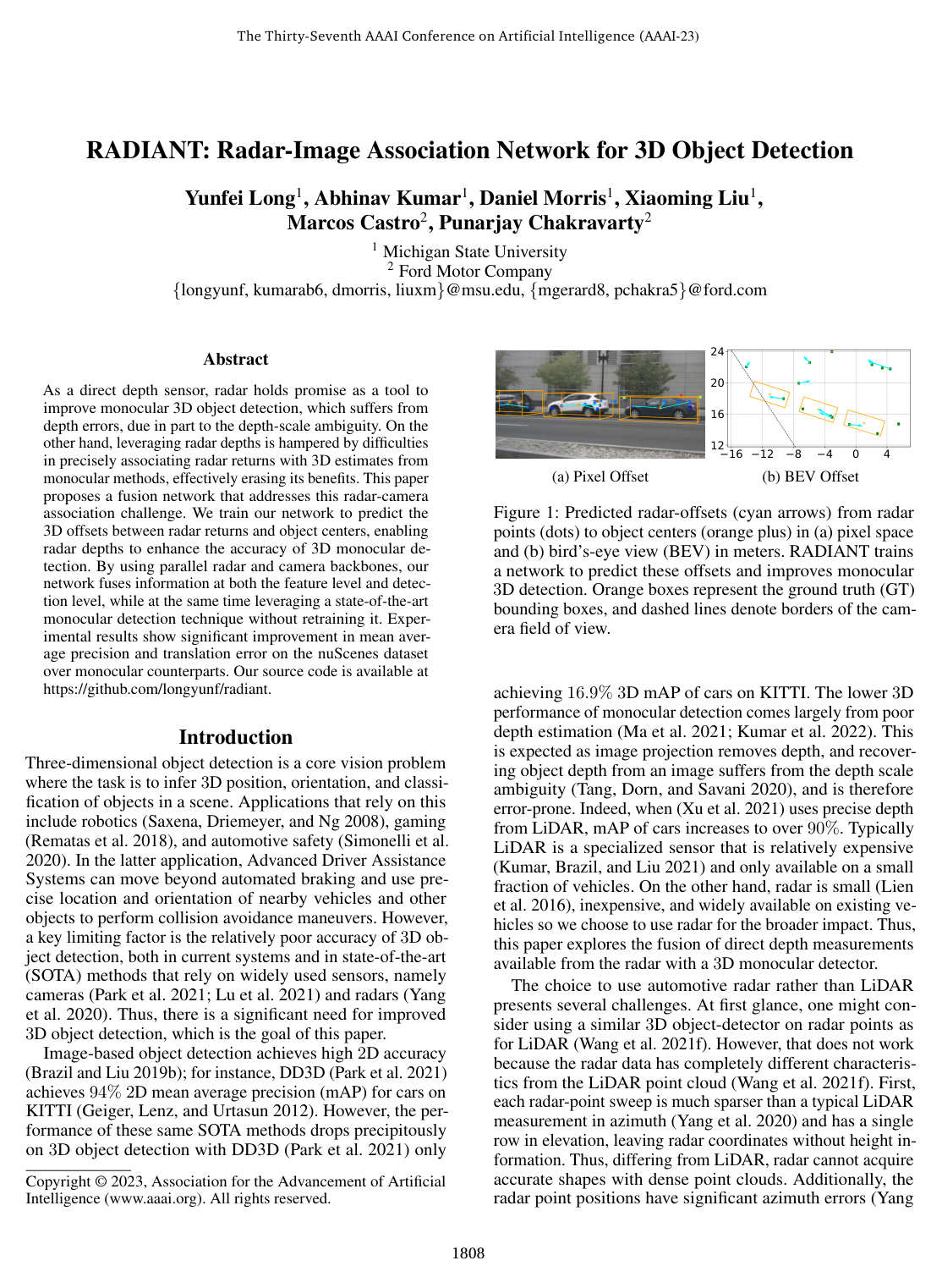 Cover for RADIANT: Radar-Image Association Network for 3D Object Detection