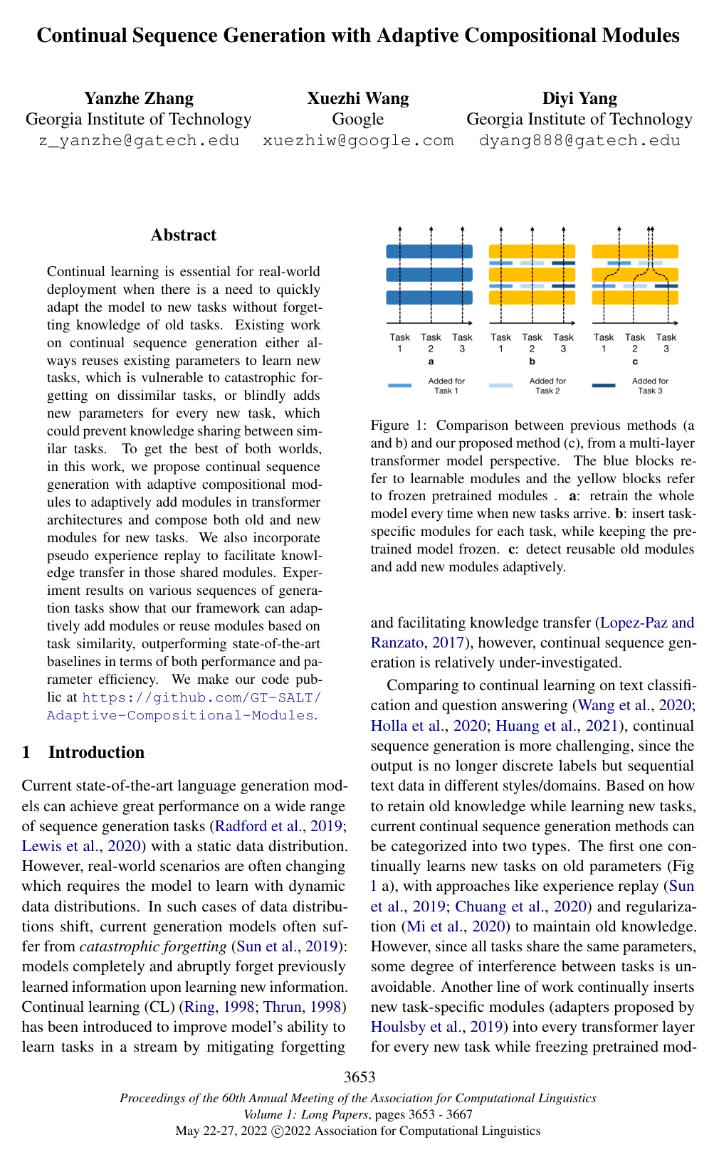 Continual Sequence Generation with Adaptive Compositional Modules