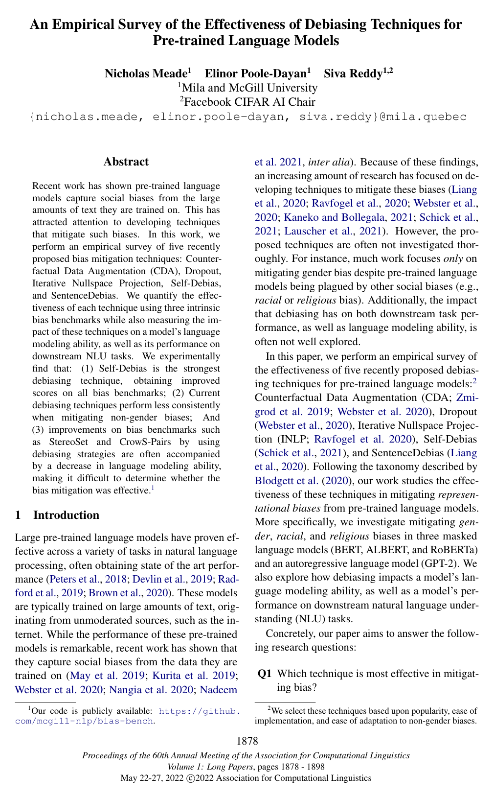 Cover for An Empirical Survey of the Effectiveness of Debiasing Techniques for Pre-trained Language Models