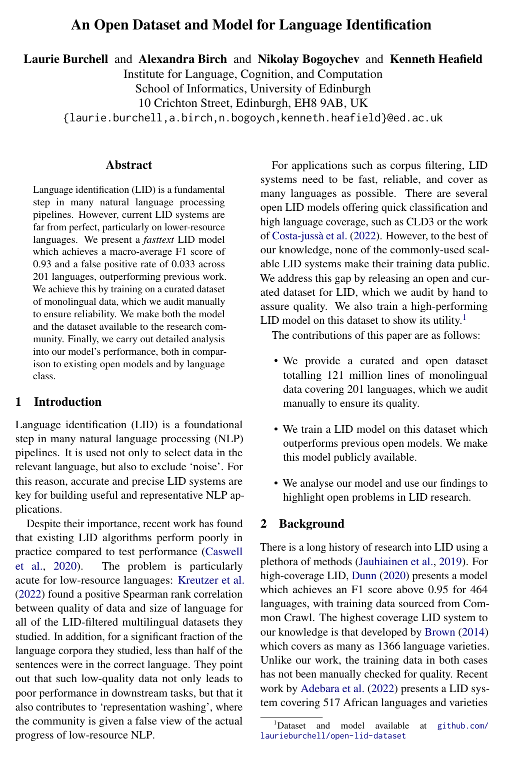 An Open Dataset and Model for Language Identification