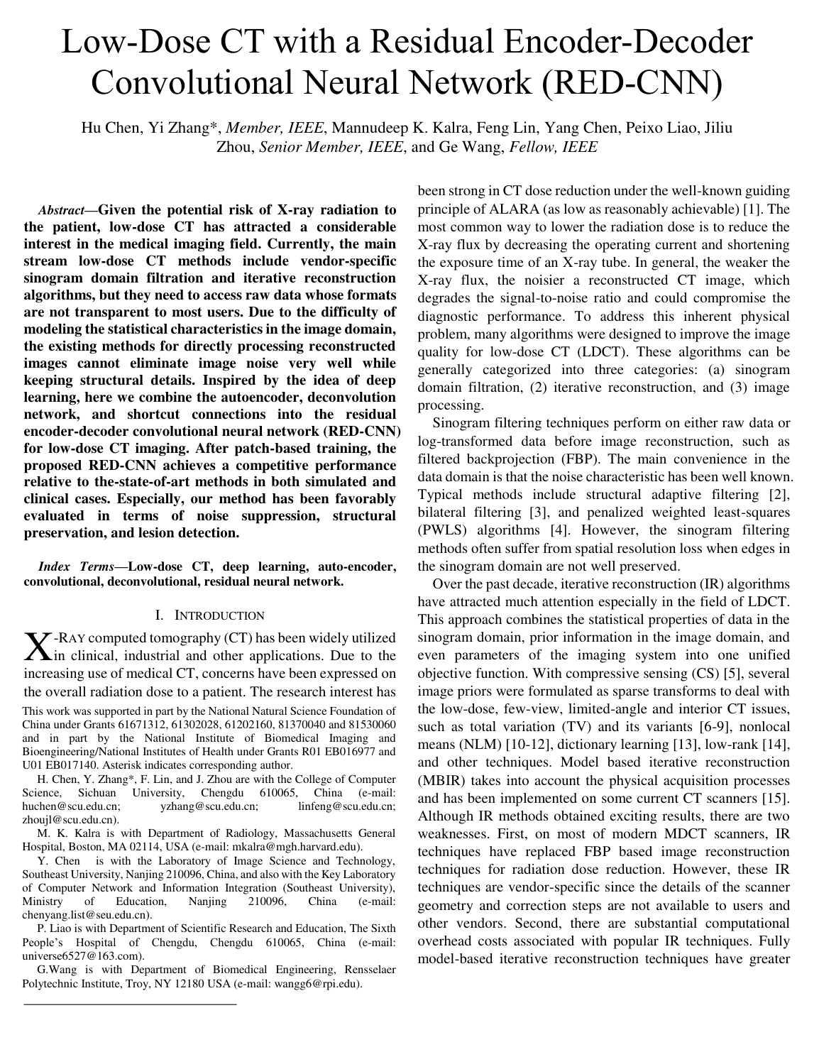 Low-Dose CT with a Residual Encoder-Decoder Convolutional Neural Network (RED-CNN)