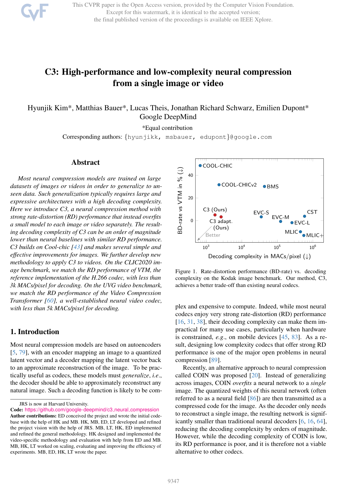 Cover for C3: High-Performance and Low-Complexity Neural Compression from a Single Image or Video