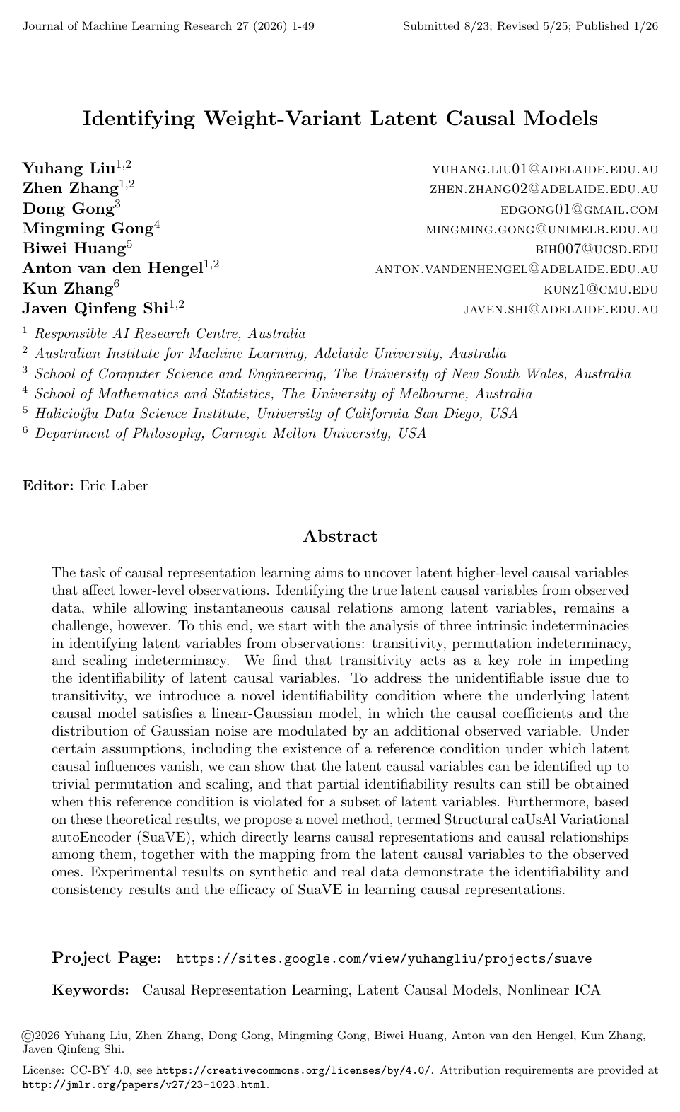 Identifying Weight-Variant Latent Causal Models