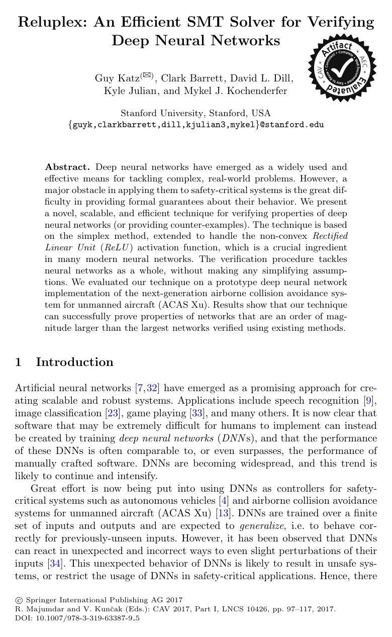 Cover for Reluplex: An Efficient SMT Solver for Verifying Deep Neural Networks