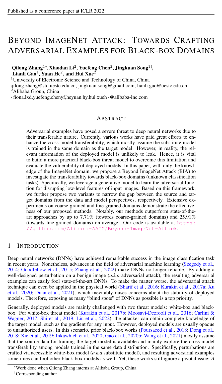 Cover for Beyond ImageNet Attack: Towards Crafting Adversarial Examples for Black-box Domains