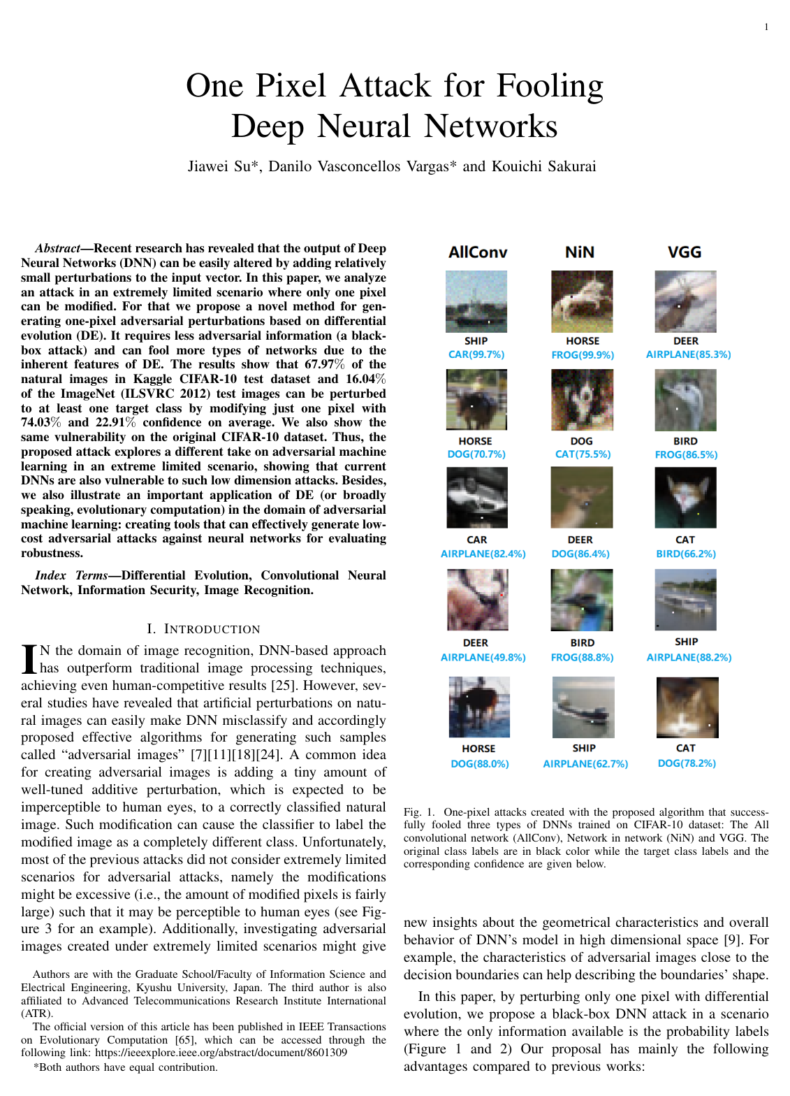 Cover for One Pixel Attack for Fooling Deep Neural Networks
