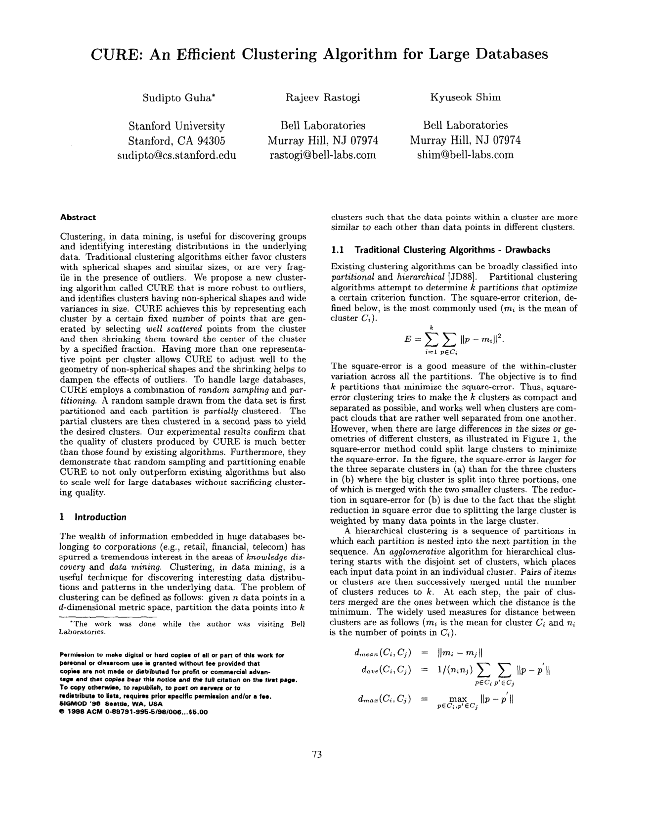Cover for CURE: an efficient clustering algorithm for large databases