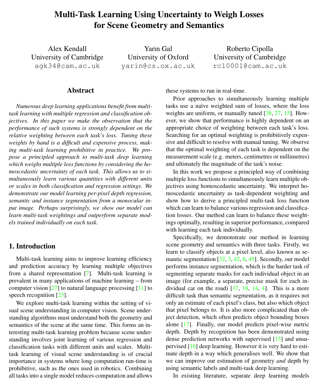 Cover for Multi-task Learning Using Uncertainty to Weigh Losses for Scene Geometry and Semantics