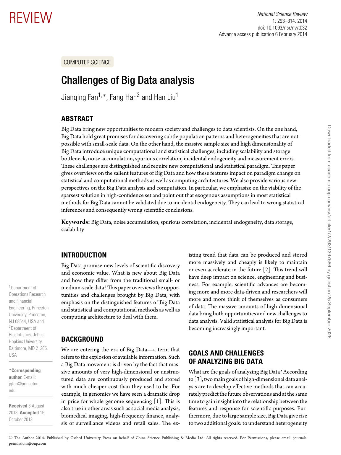 Cover for Challenges of Big Data Analysis