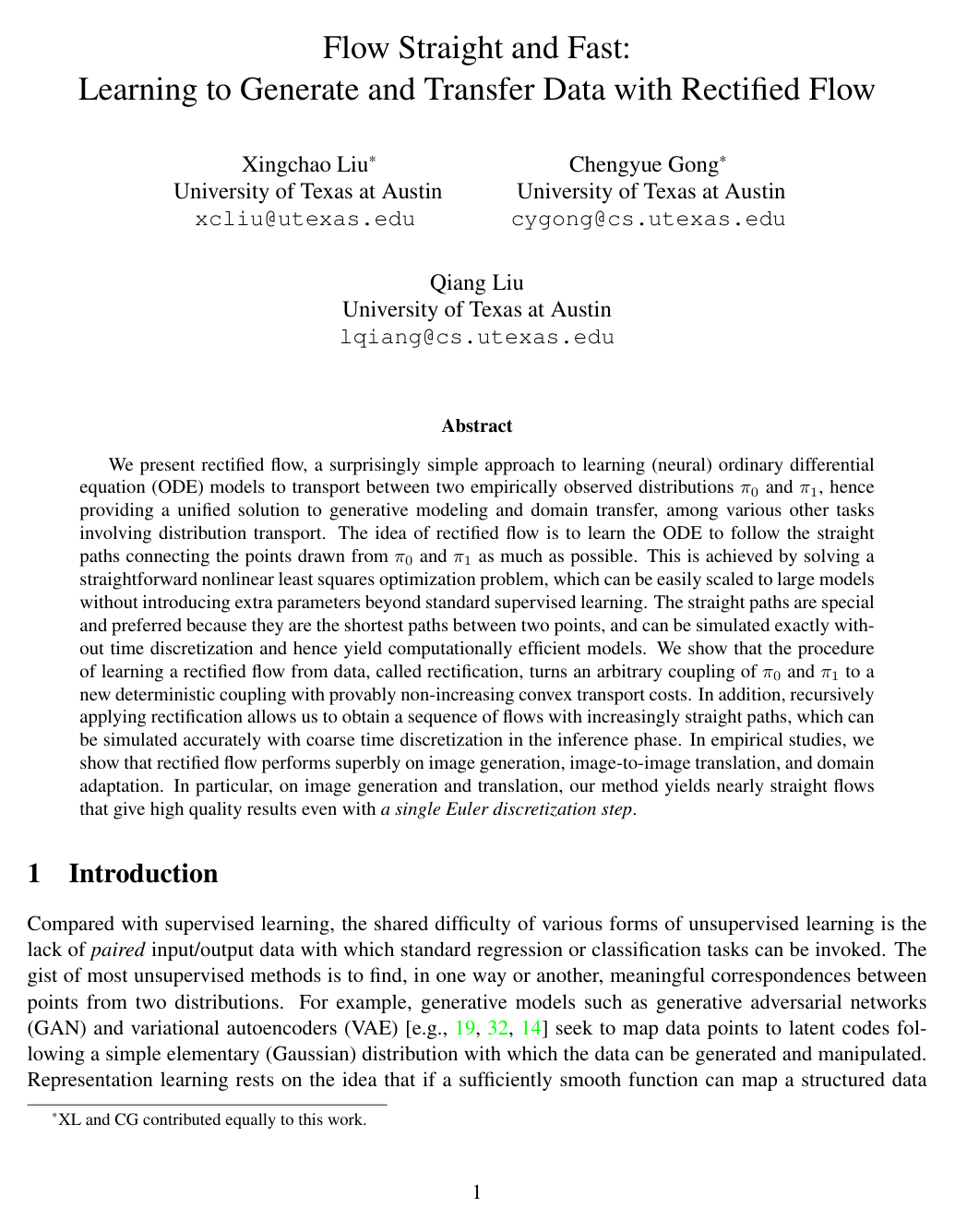 Flow Straight and Fast: Learning to Generate and Transfer Data with Rectified Flow