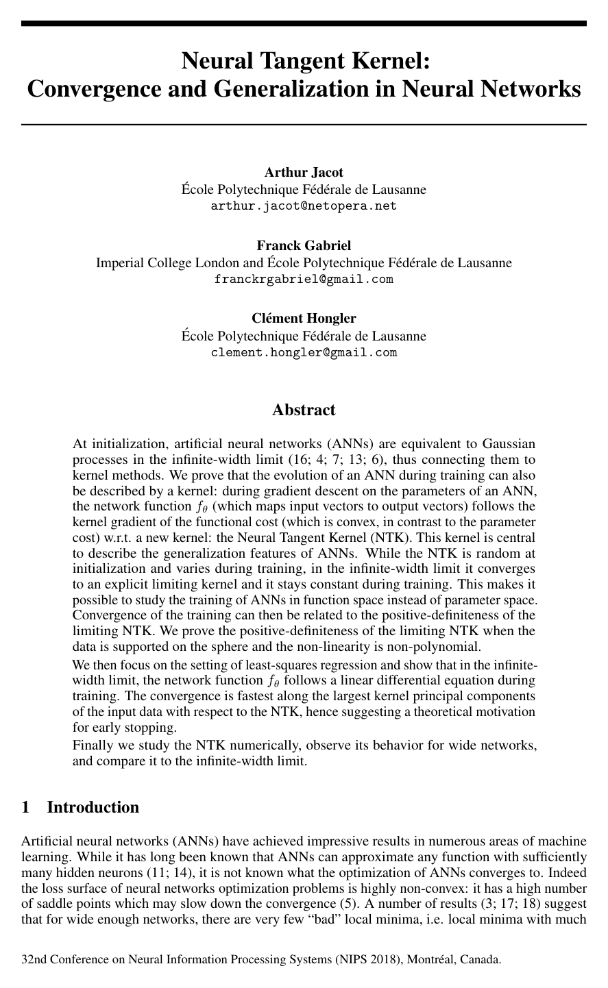 Neural Tangent Kernel: Convergence and Generalization in Neural Networks