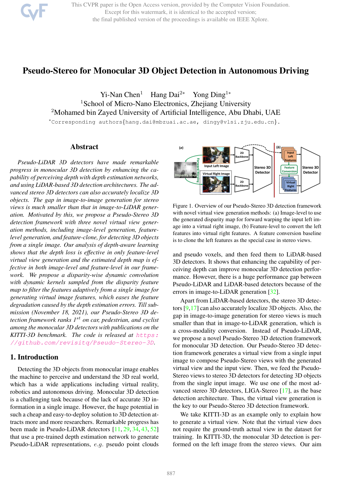 Pseudo-Stereo for Monocular 3D Object Detection in Autonomous Driving