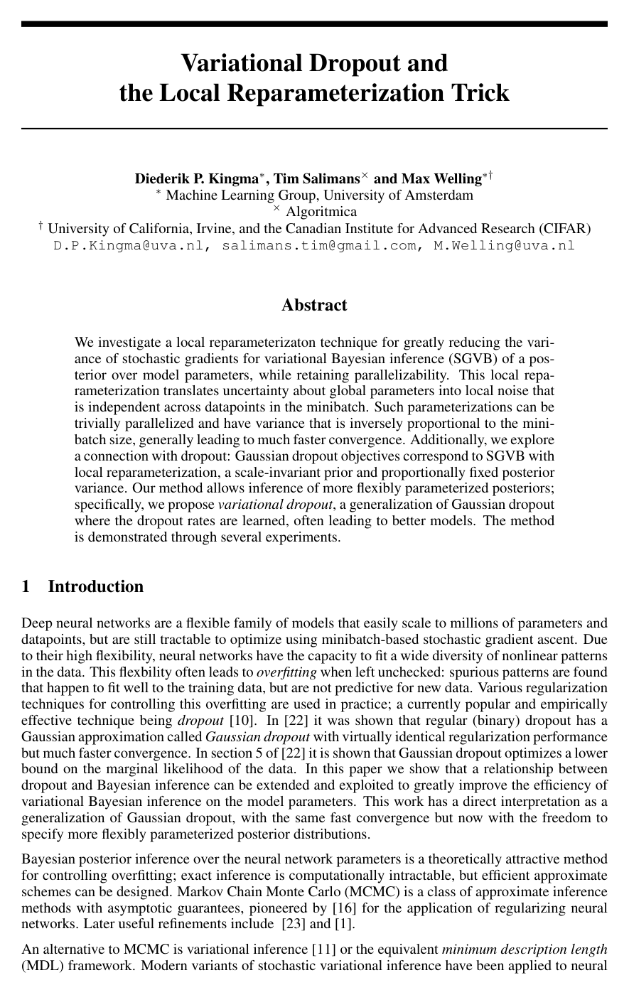 Cover for Variational Dropout and the Local Reparameterization Trick