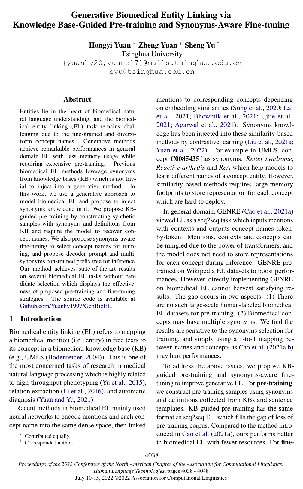 Generative Biomedical Entity Linking via Knowledge Base-Guided Pre-training and Synonyms-Aware Fine-tuning