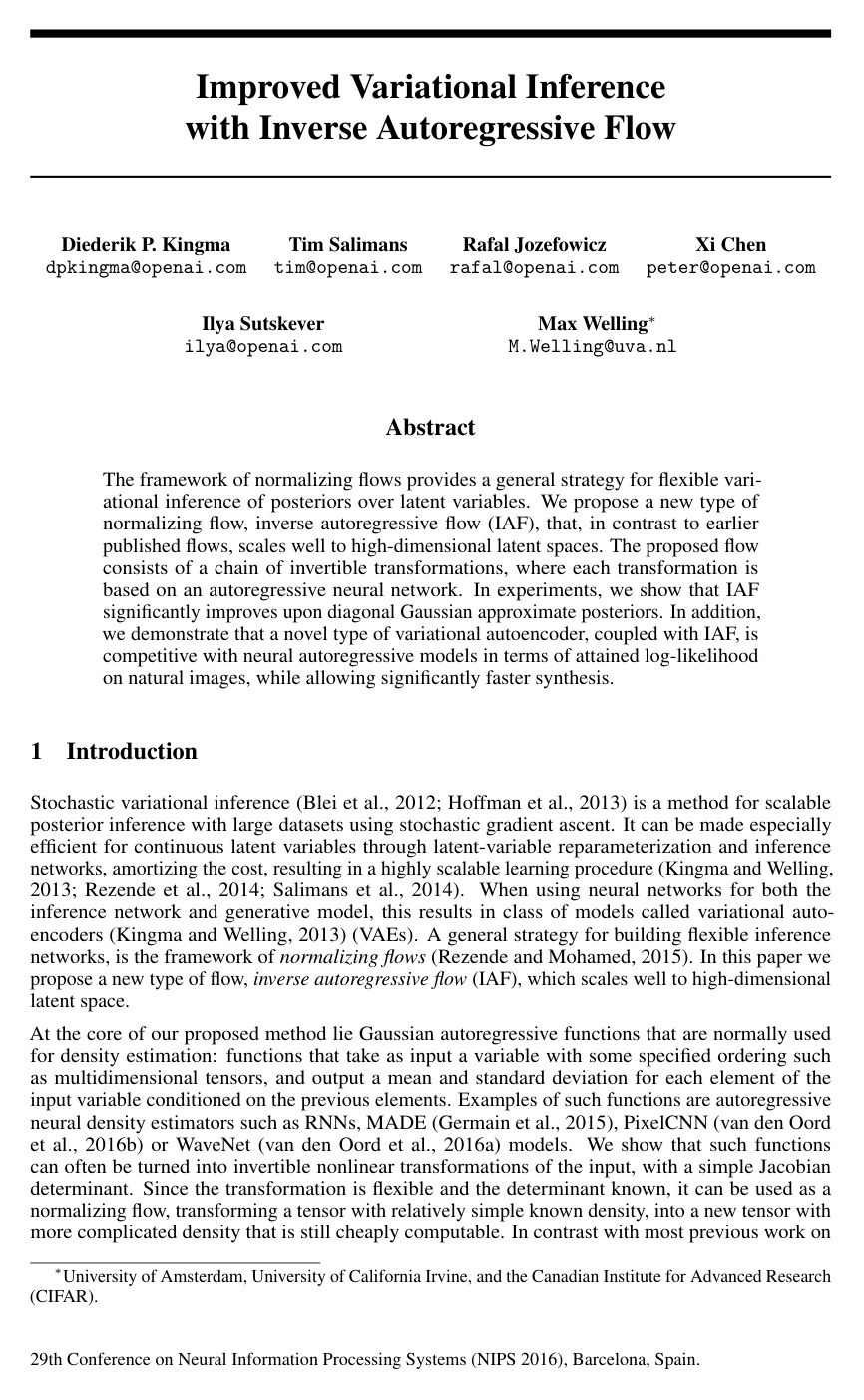 Improving Variational Inference with Inverse Autoregressive Flow