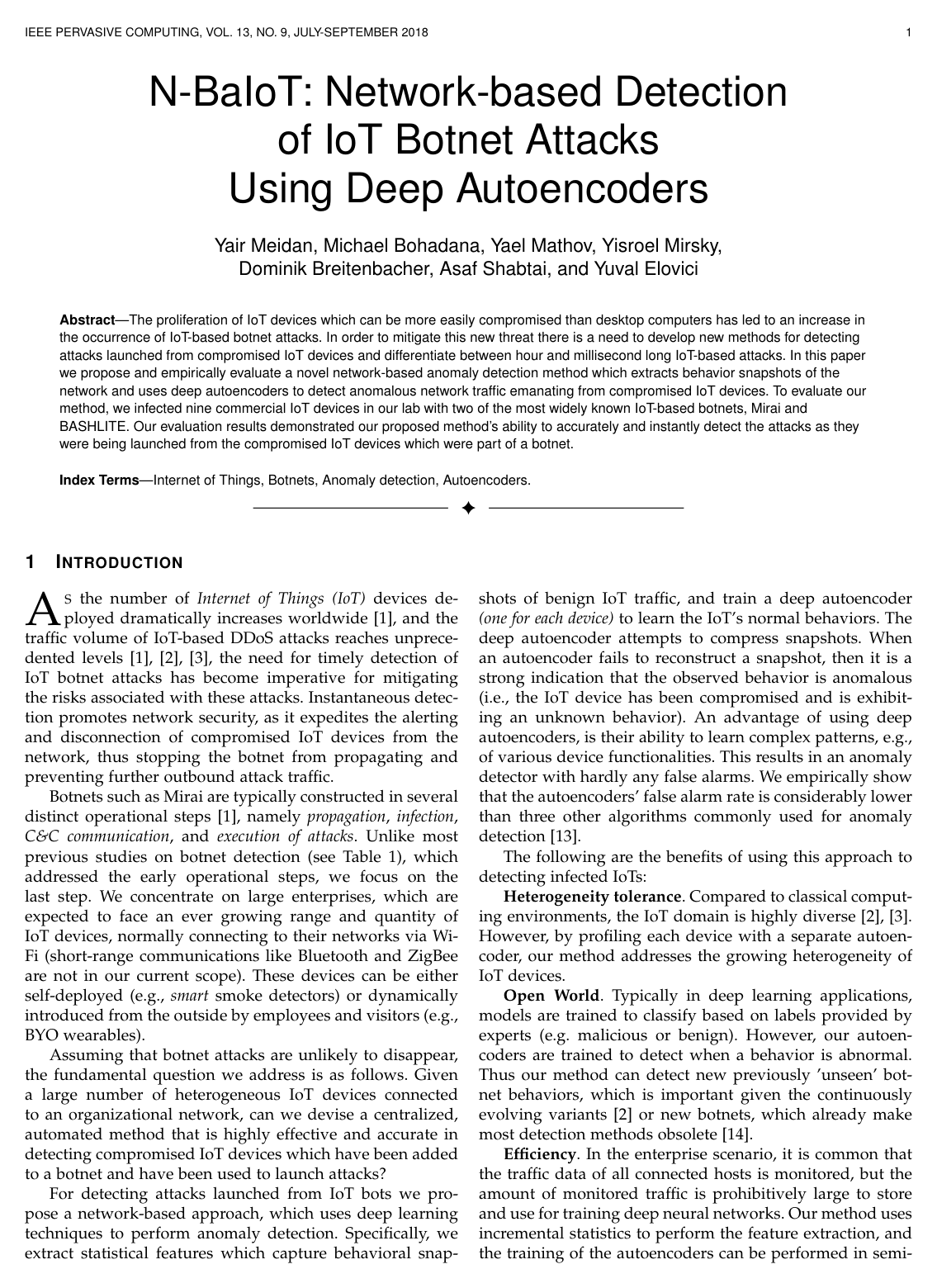 Cover for N-BaIoT—Network-Based Detection of IoT Botnet Attacks Using Deep Autoencoders