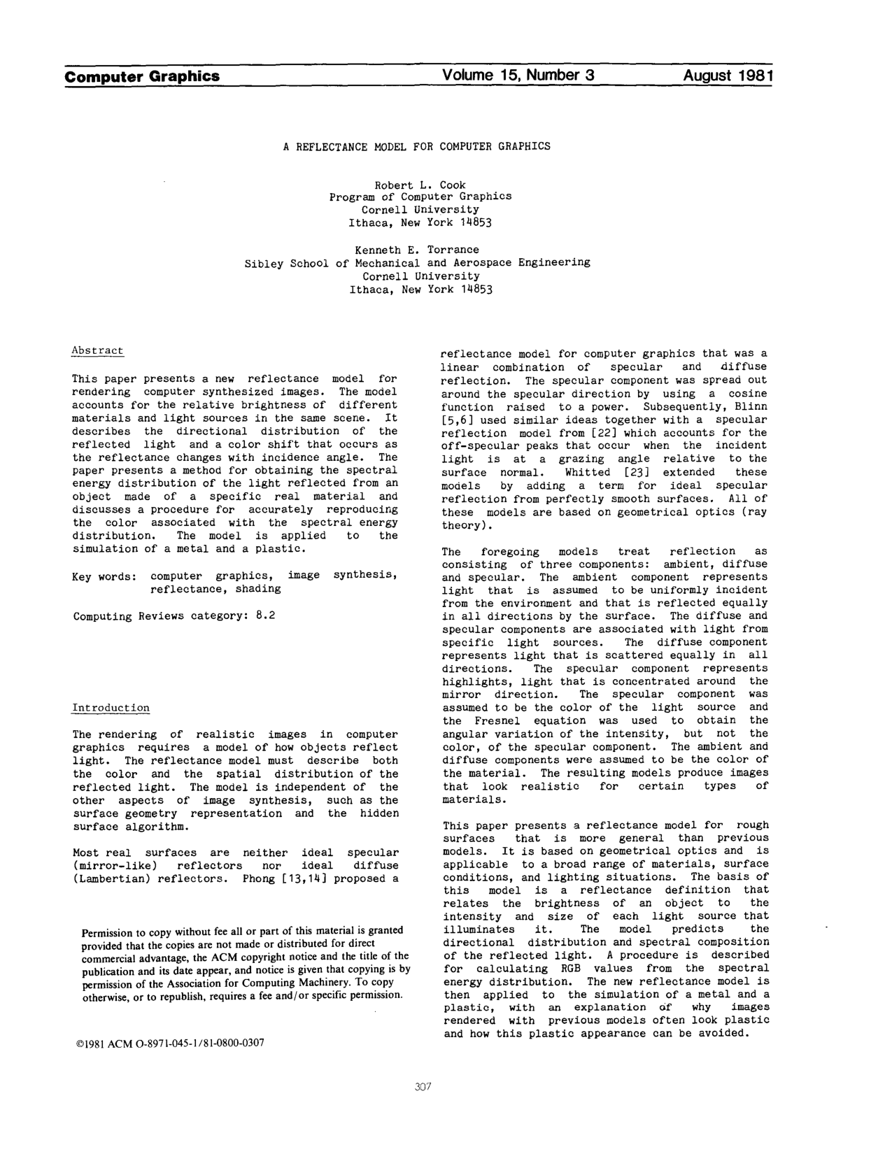 Cover for A reflectance model for computer graphics