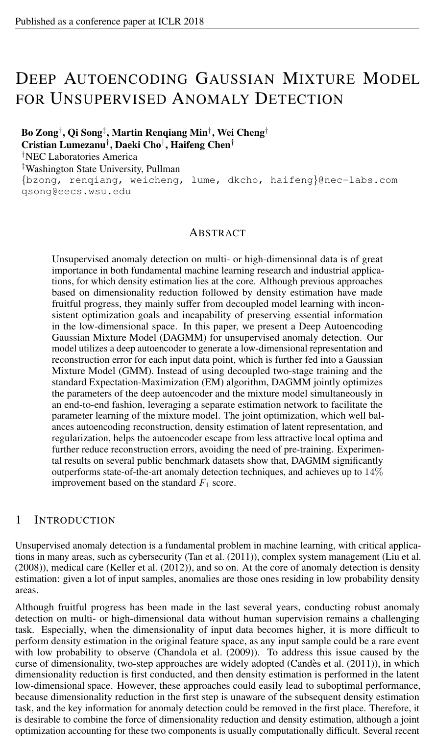 Cover for Deep Autoencoding Gaussian Mixture Model for Unsupervised Anomaly Detection