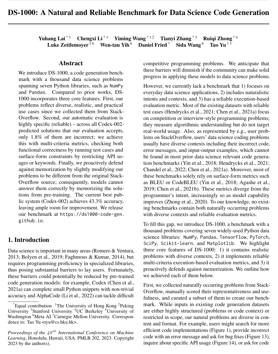 Cover for DS-1000: A Natural and Reliable Benchmark for Data Science Code Generation