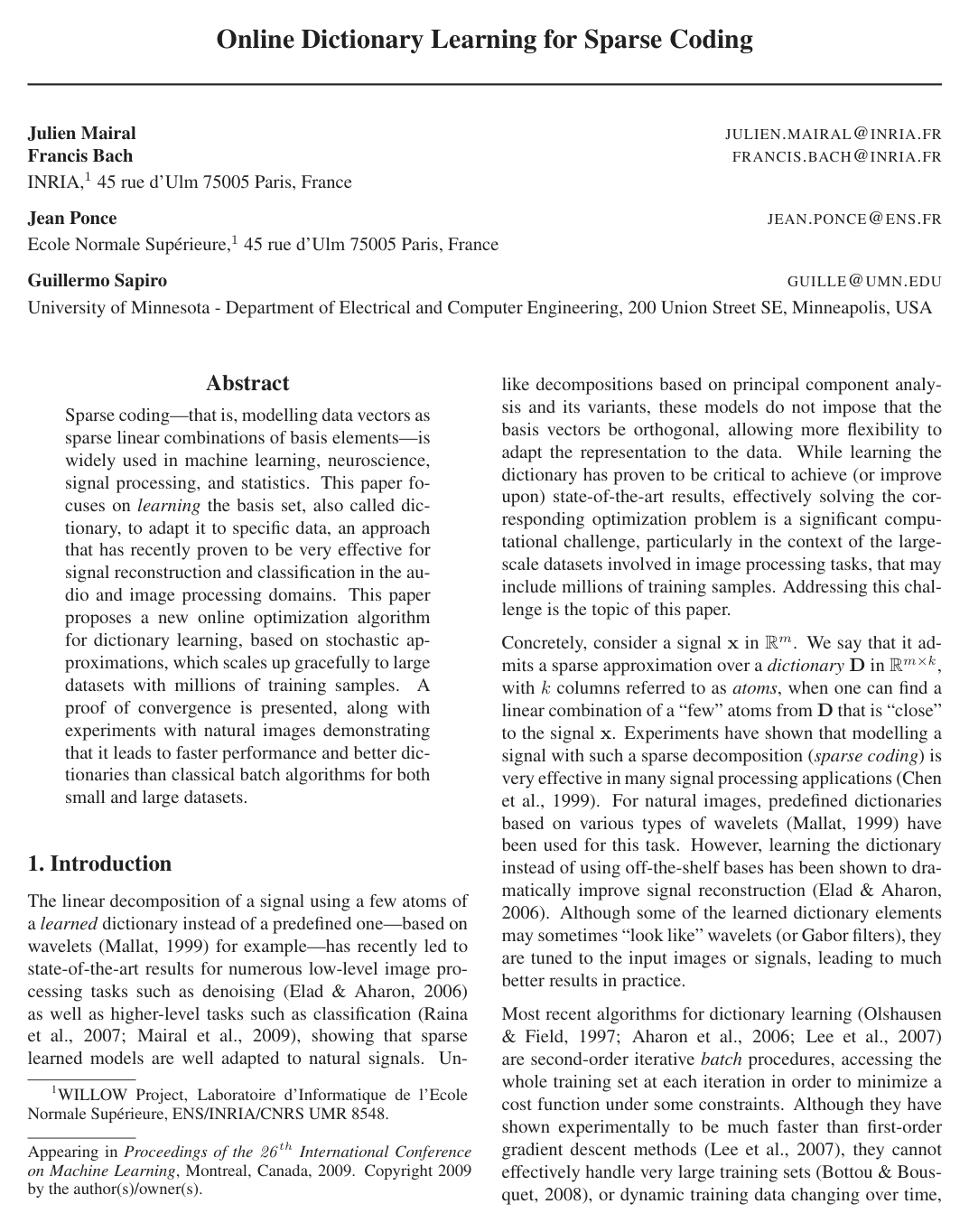 Cover for Online dictionary learning for sparse coding