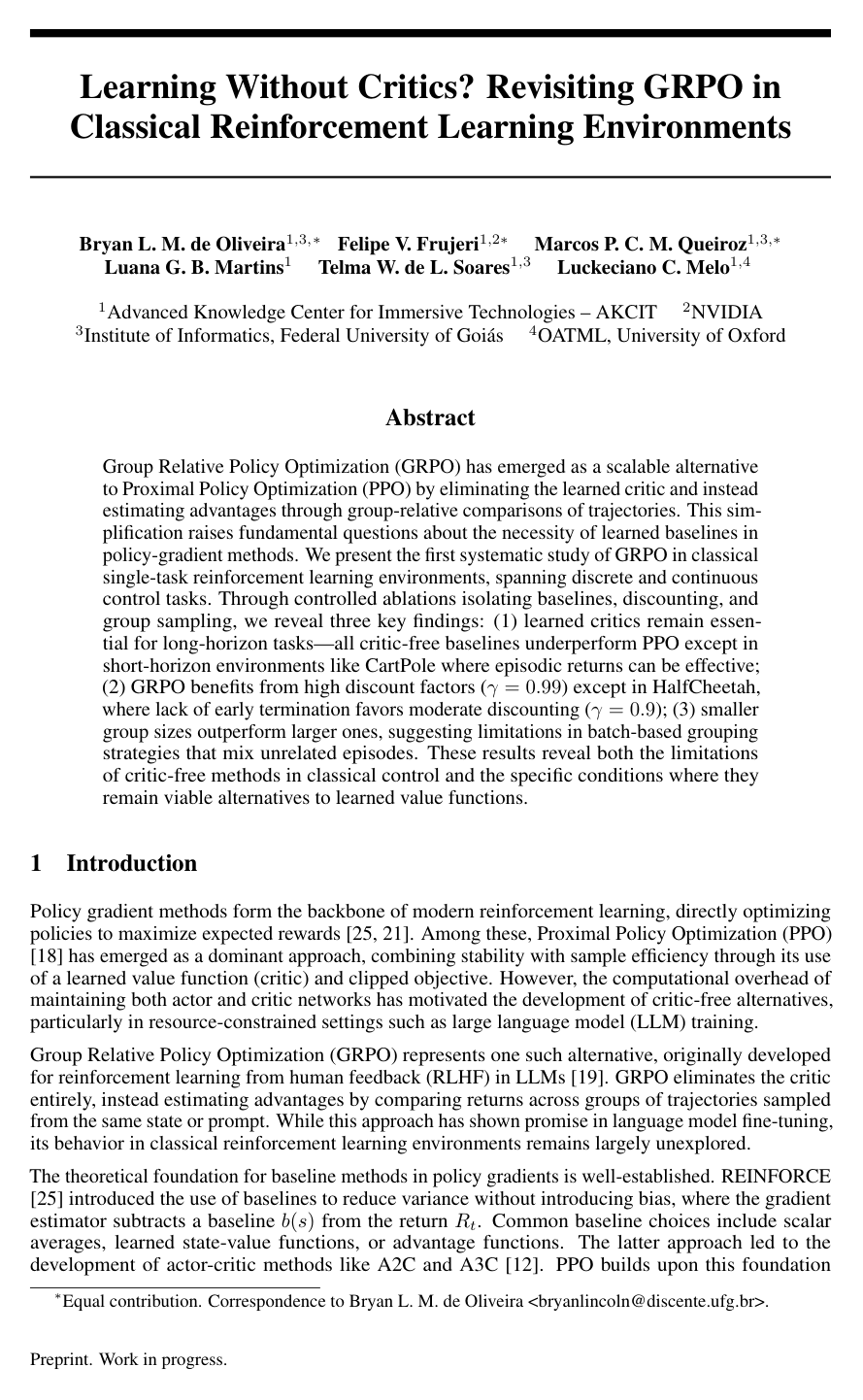 Learning Without Critics? Revisiting GRPO in Classical Reinforcement Learning Environments