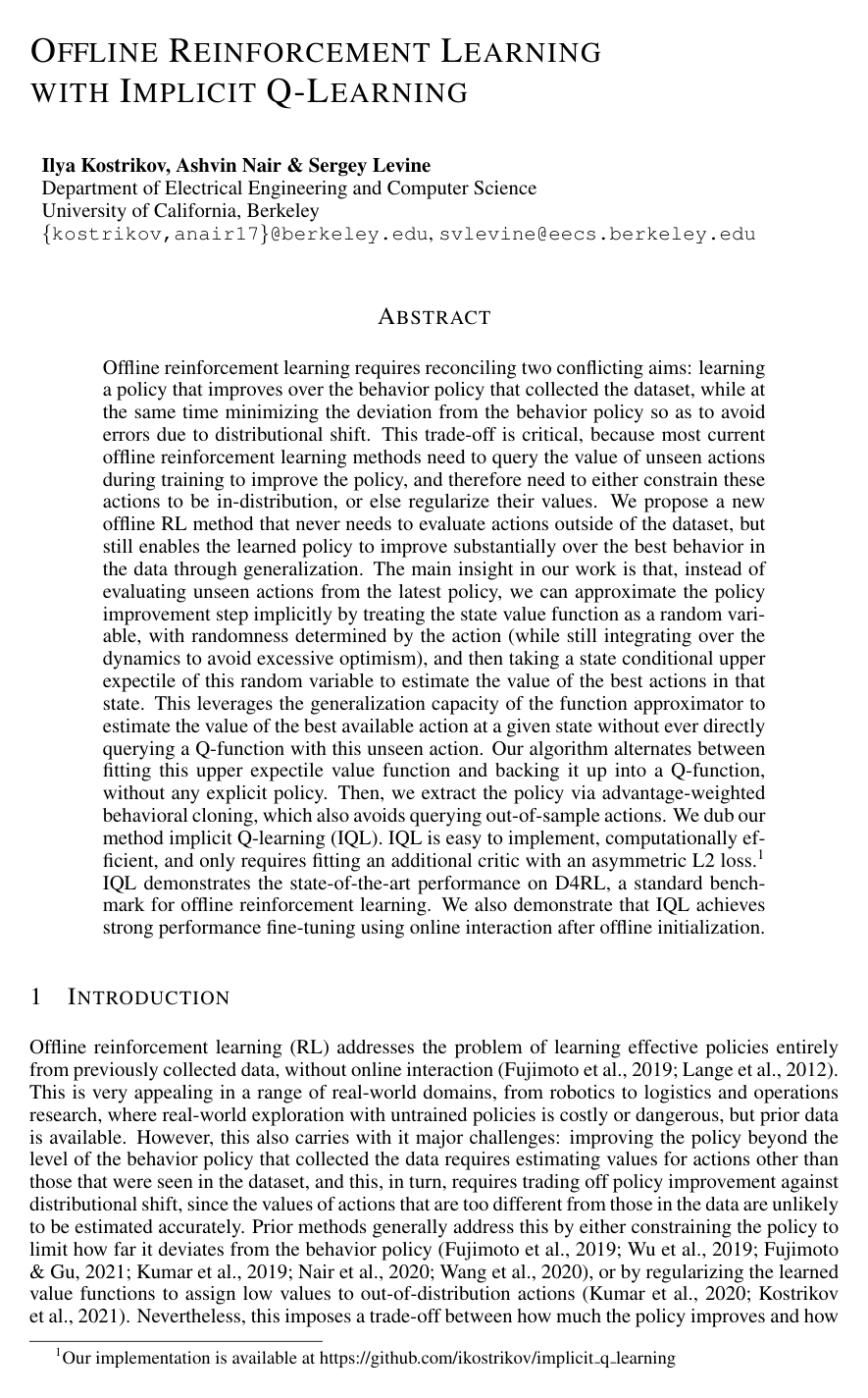 Offline Reinforcement Learning with Implicit Q-Learning