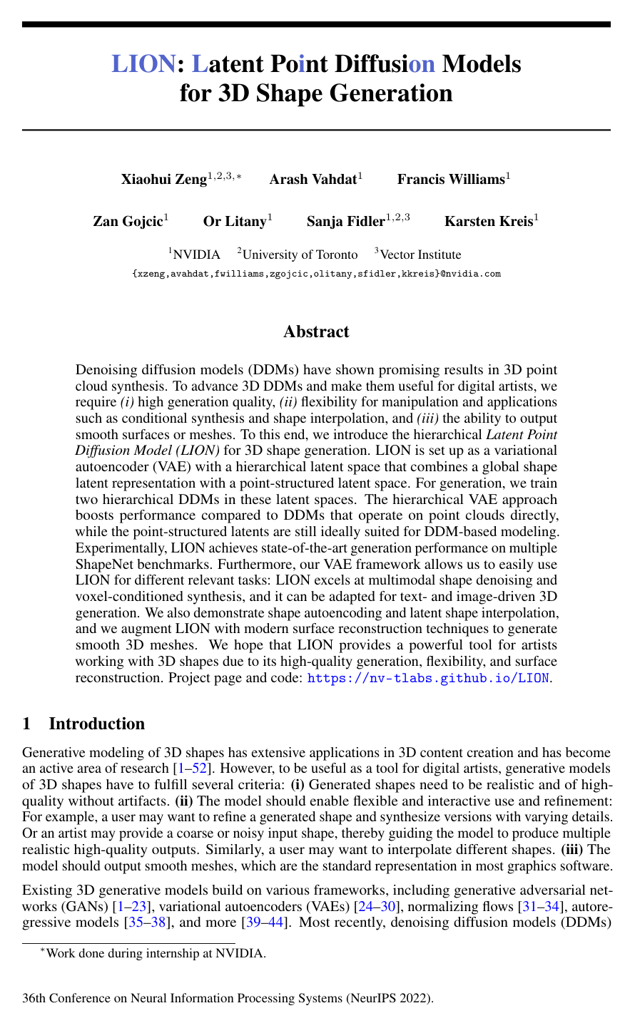 Cover for LION: Latent Point Diffusion Models for 3D Shape Generation