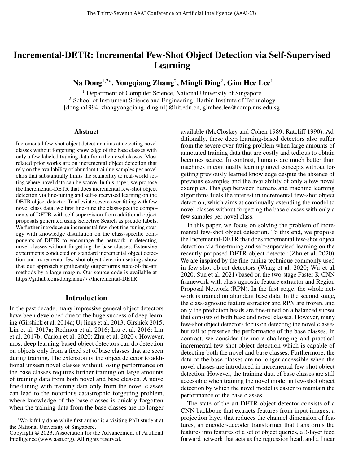 Incremental-DETR: Incremental Few-Shot Object Detection via Self-Supervised Learning