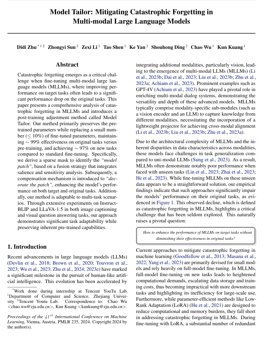 Model Tailor: Mitigating Catastrophic Forgetting in Multi-modal Large Language Models
