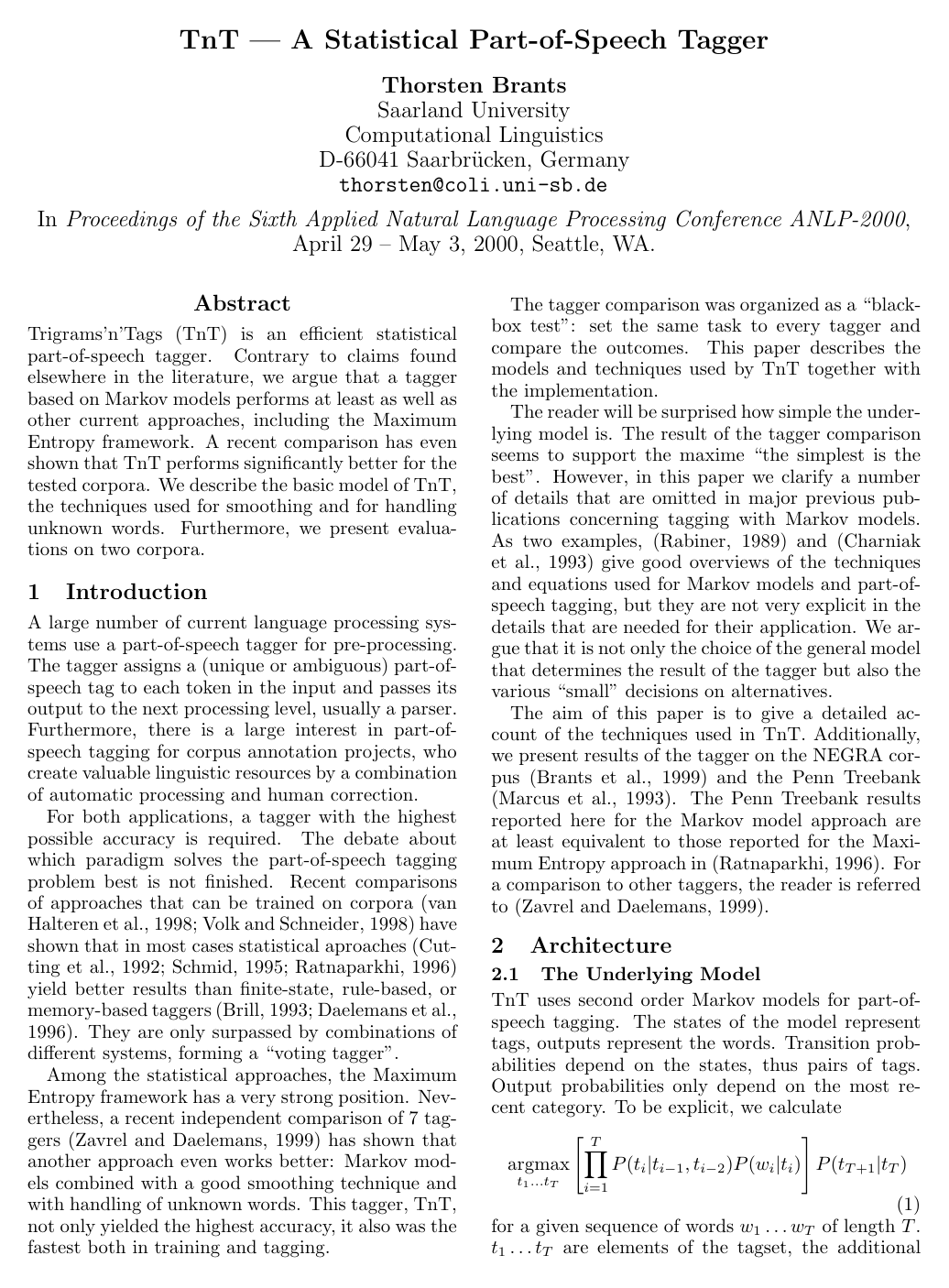 Cover for TnT – A Statistical Part-of-Speech Tagger