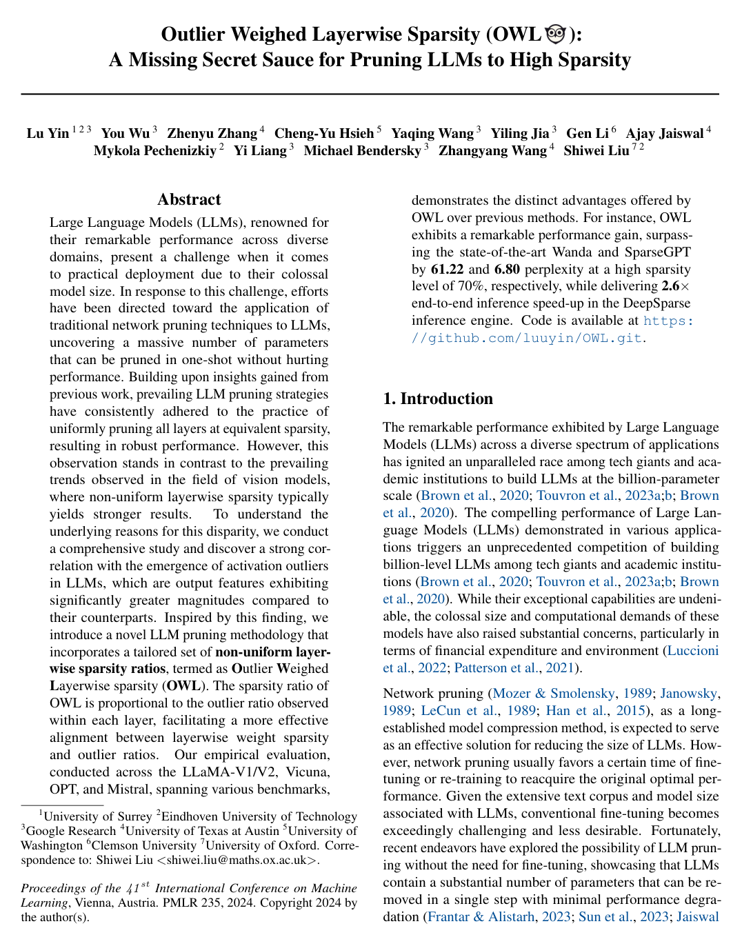 Outlier Weighed Layerwise Sparsity (OWL): A Missing Secret Sauce for Pruning LLMs to High Sparsity